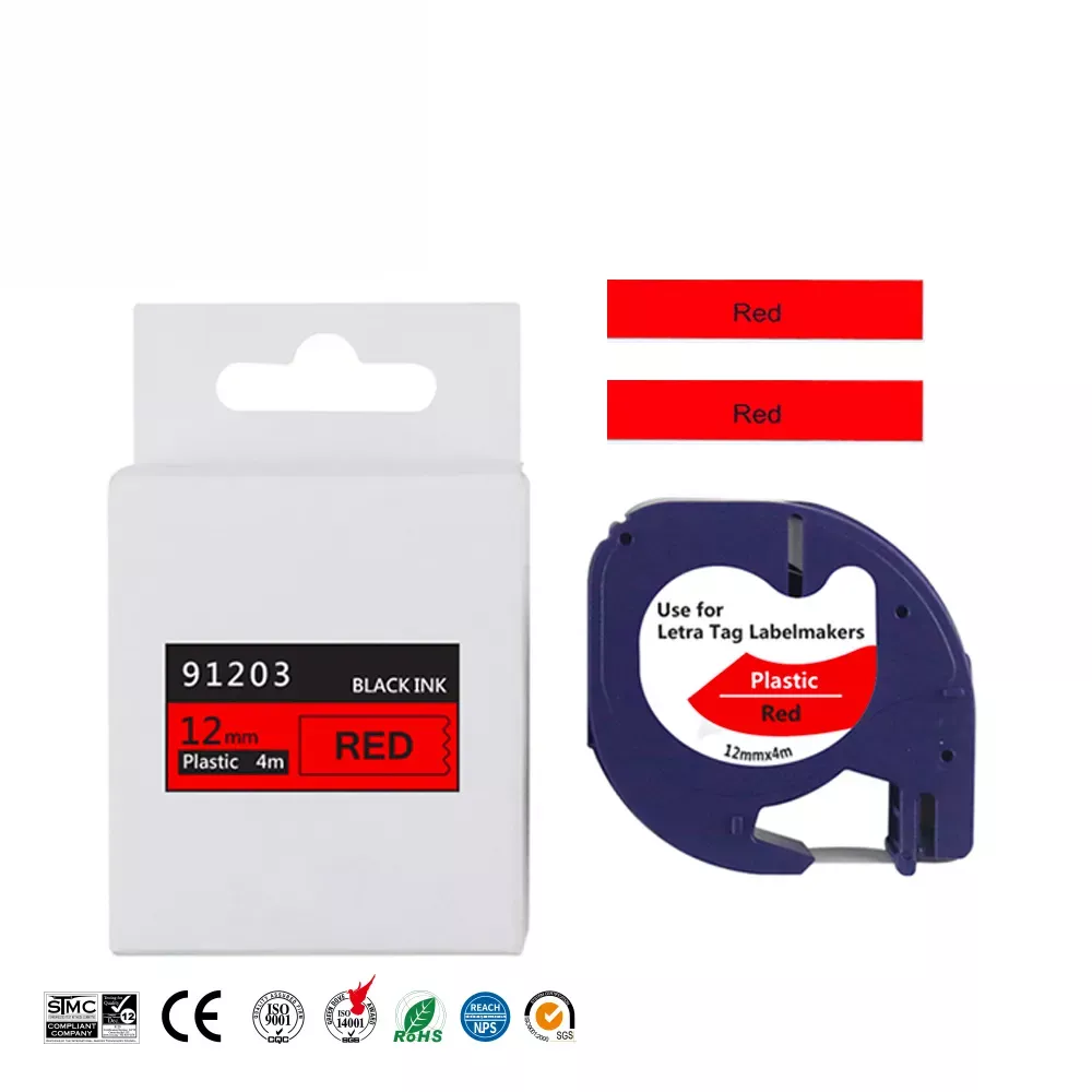 Compatible Dymo LetraTag S0721630 Cinta de Etiquetas para Rotuladora - Texto negro sobre fondo rojo - Ancho 12mm x 4 metros (91203)