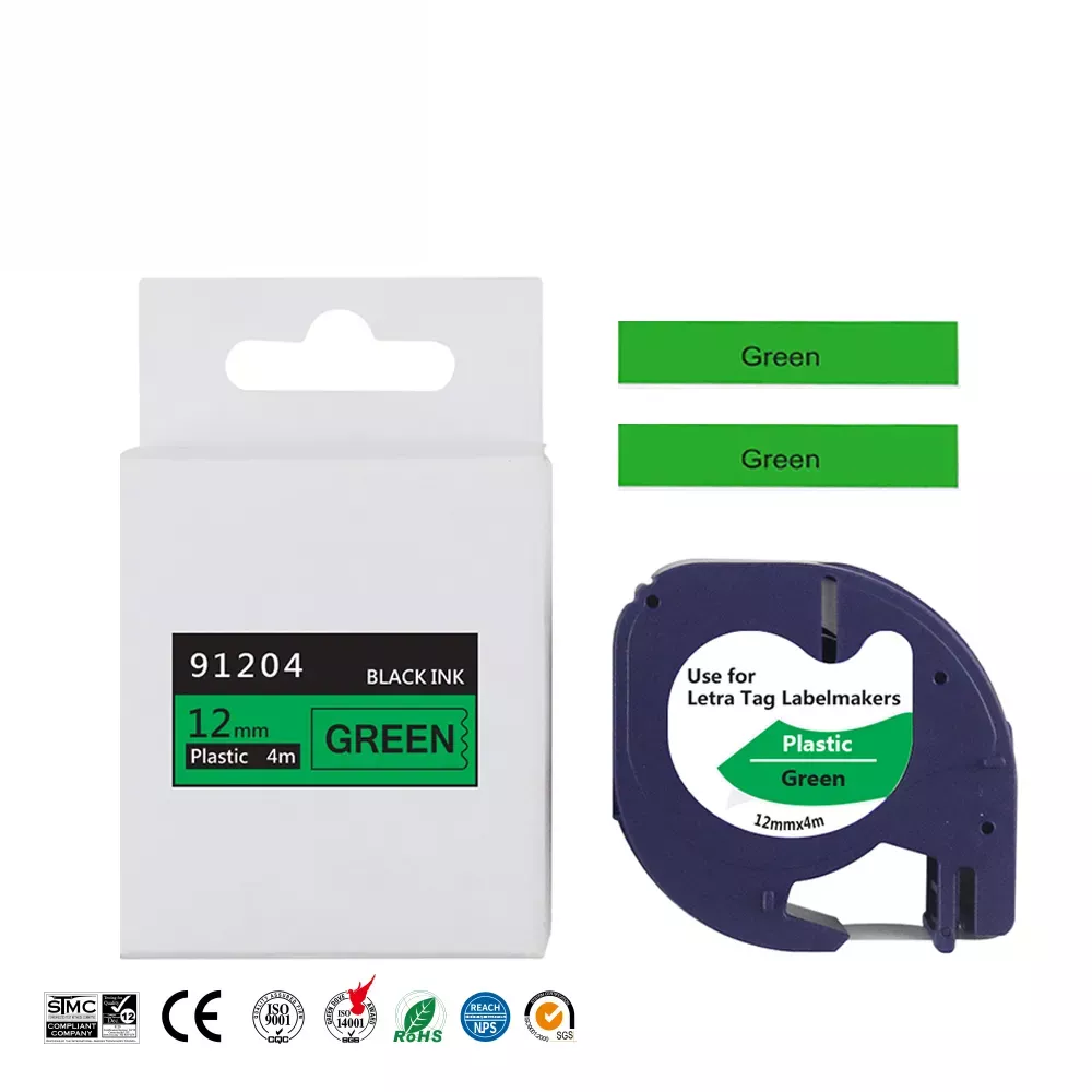Compatible Dymo LetraTag S0721640 Cinta de Etiquetas para Rotuladora - Texto negro sobre fondo verde - Ancho 12mm x 4 metros (91204)
