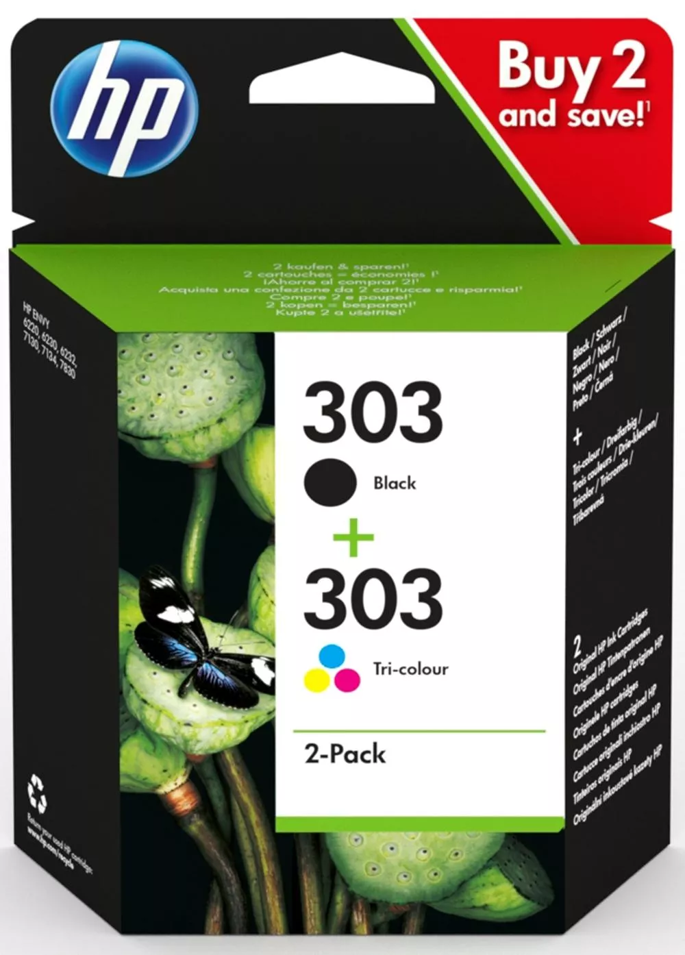 HP 303 Negro + Color Pack de 2 Cartuchos de Tinta Originales - 3YM92AE