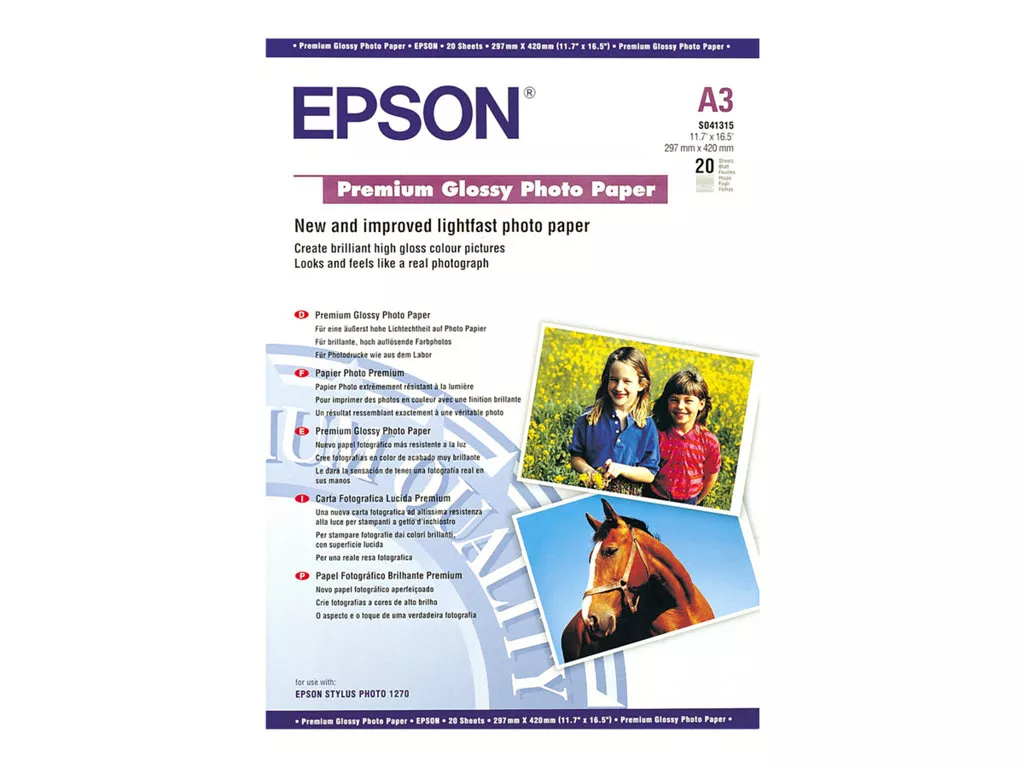 EPSON PAPEL PREMIUM GLOSSY PHOTO 255G, 20 HOJAS DE A3
