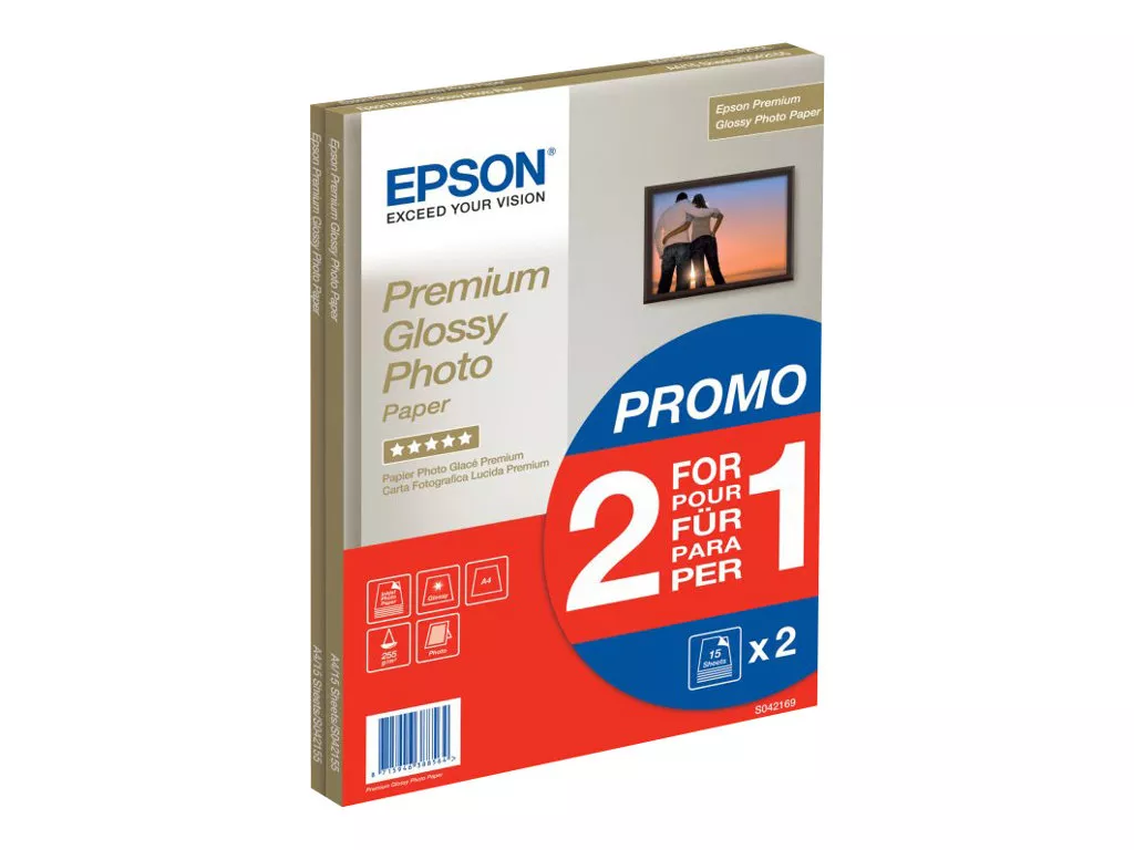 EPSON PAPEL PREMIUM GLOSSY PHOTO 255 GR, A4, 15H. PROMOCI&Oacute;N 2X1