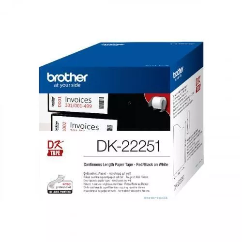 Brother DK22251 - Etiquetas Originales de Tama&ntilde;o personalizado - Ancho 62mm x 15,24 metros - Texto rojo y negro sobre fondo blanco