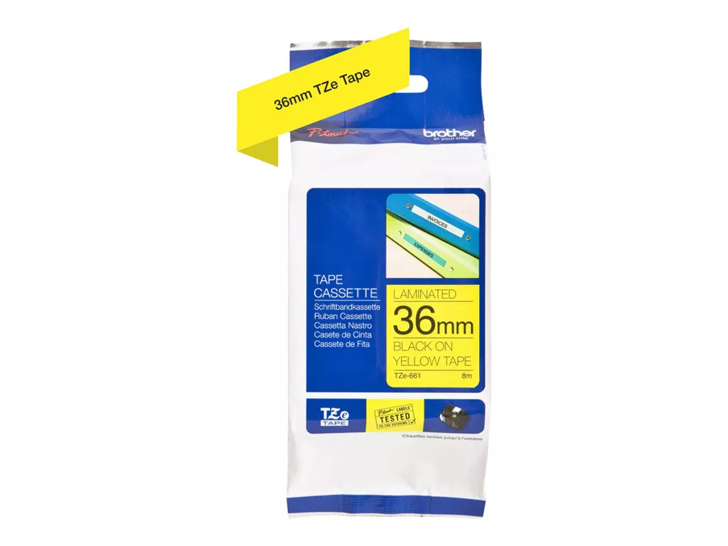 BROTHER CINTA ROTULADORA LAMINADA AMARILLO SOBRE NEGRO DE 36MM