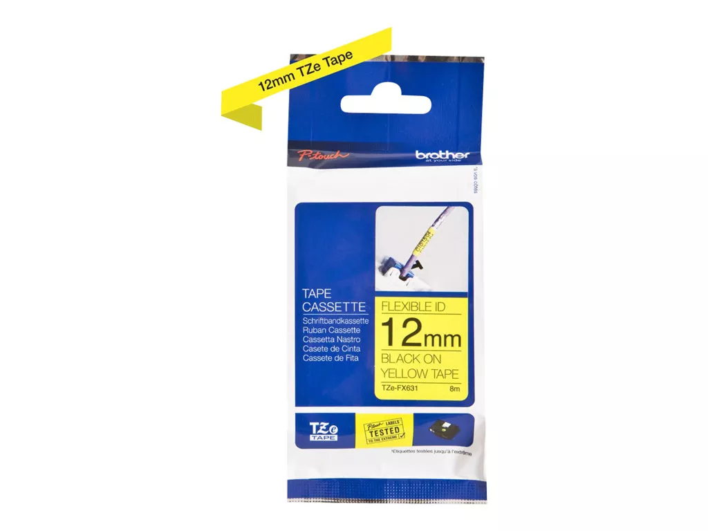 BROTHER CINTA ROTULADORA LAMINADA FLEXIBLE AMARILLO SOBRE NEGRO DE 12MMX8M