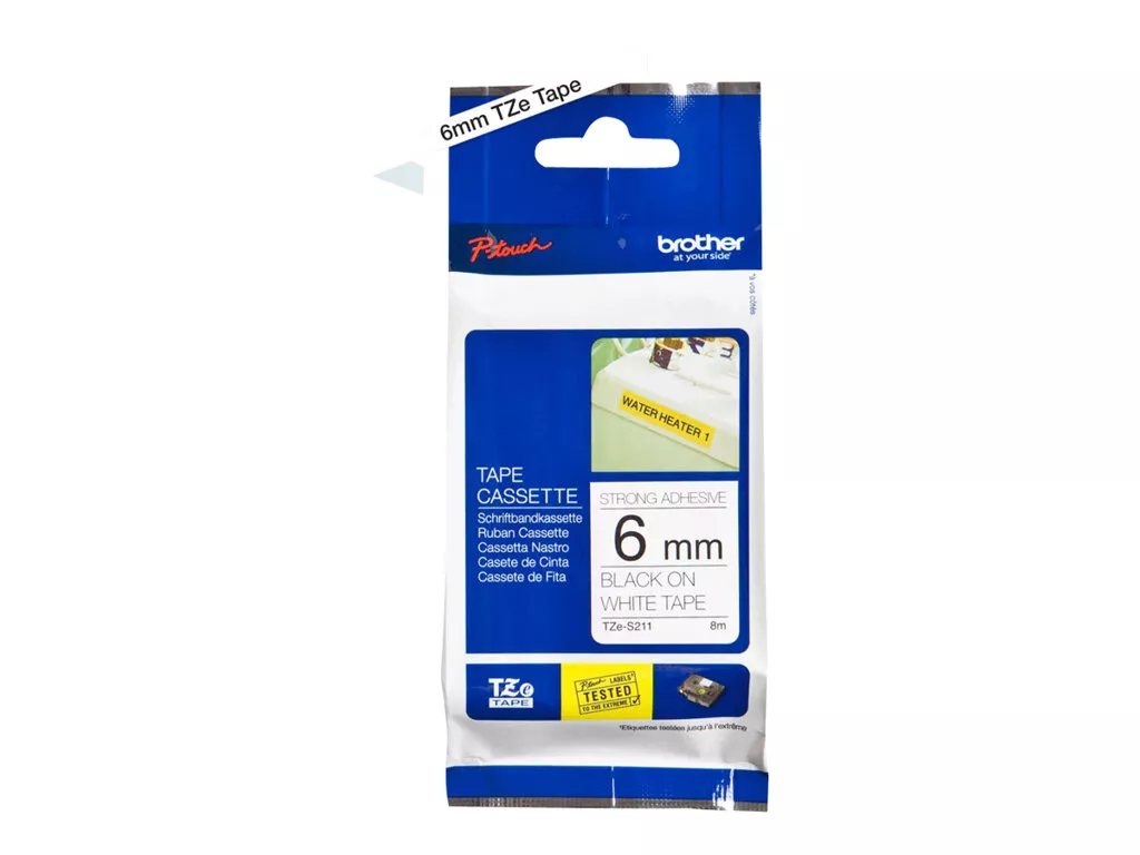 BROTHER CINTA LAMINADA SUPER ADHESIVA NEGRO SOBRE FONDO BLANCO DE 6MMX8M